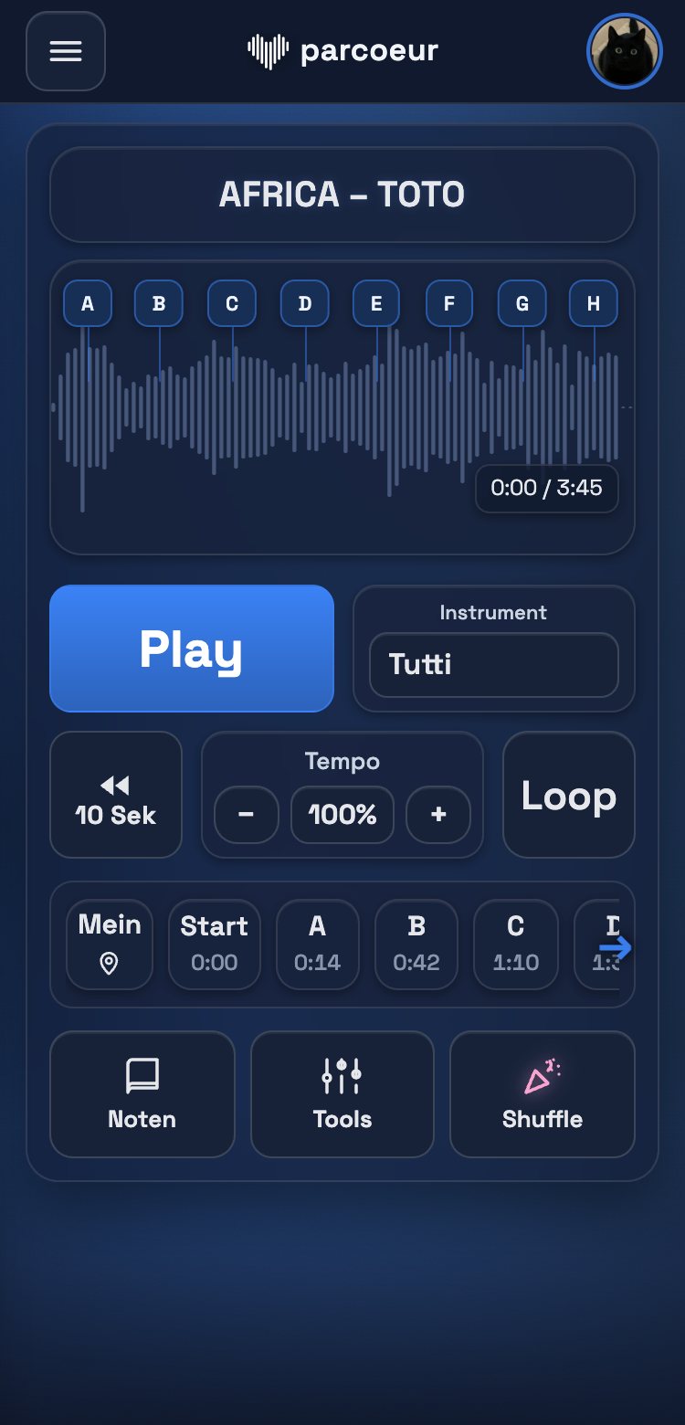 parcoeur Player auf dem Smartphone: Stück mit Wellenform, Markern, Tempo und den Knöpfen für Noten, Tools und Shuffle.