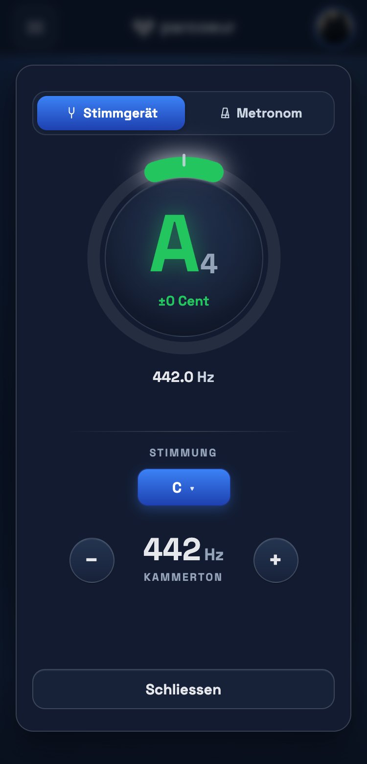 Stimmgerät in parcoeur: ein A bei 442 Hz Kammerton, der Ton sitzt genau (±0 Cent).